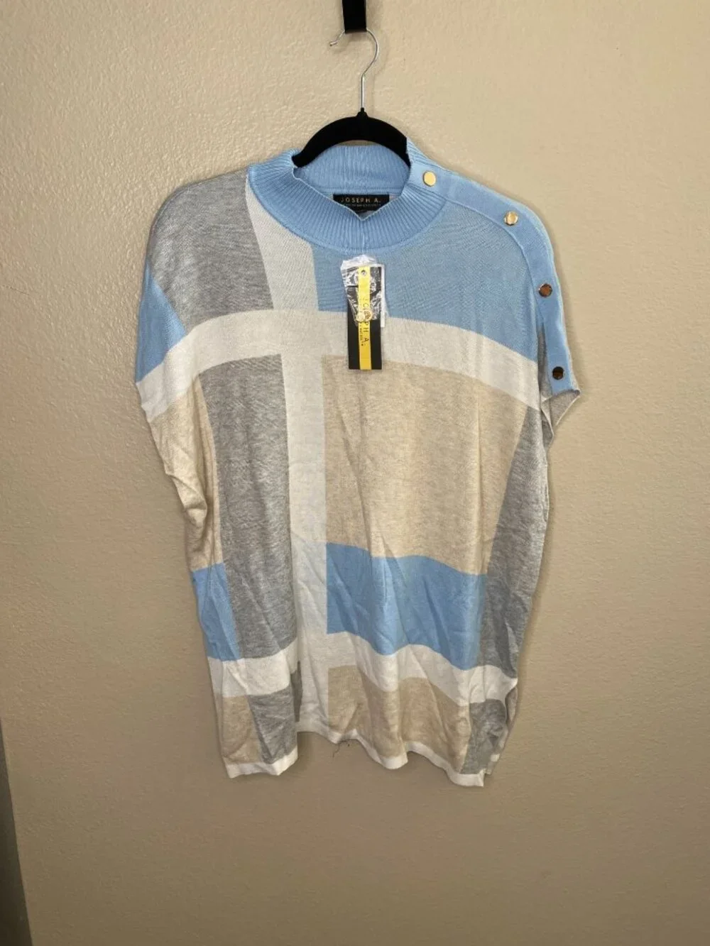 NWT Joseph A. Womens Geometric Poncho Sweater L Button Detail Pastel Blue/Gray - Picture 1 of 7